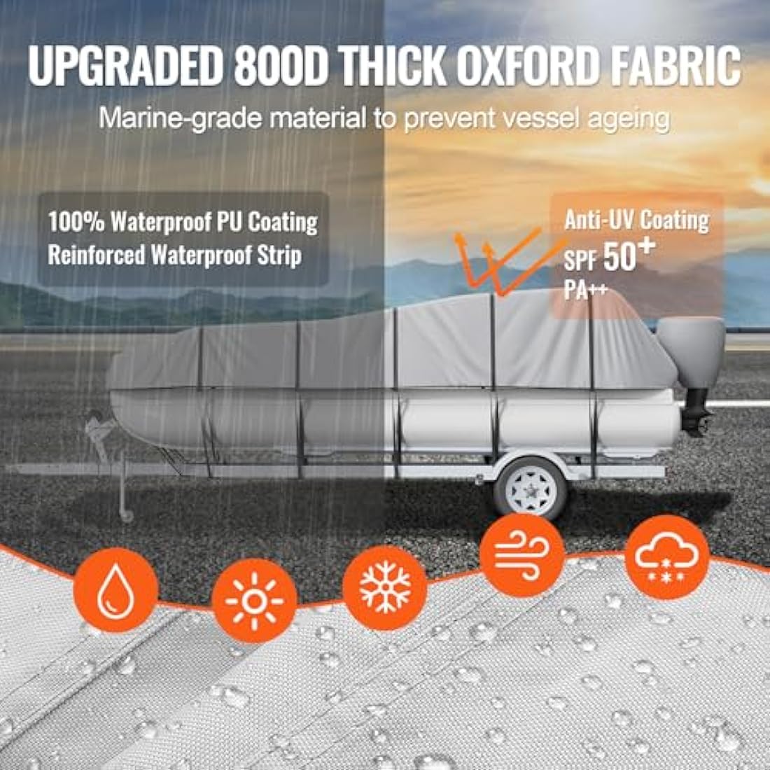 VEVOR Pontoon Boat Cover, 19'-20' Waterproof Trailerable Pontoon Cover, 800D Marine Grade PU Oxford Fabric, with Motor Cover, 16 Windproof Buckle Straps, Fits for 19'-20'L, Beam Width to 96", Grey