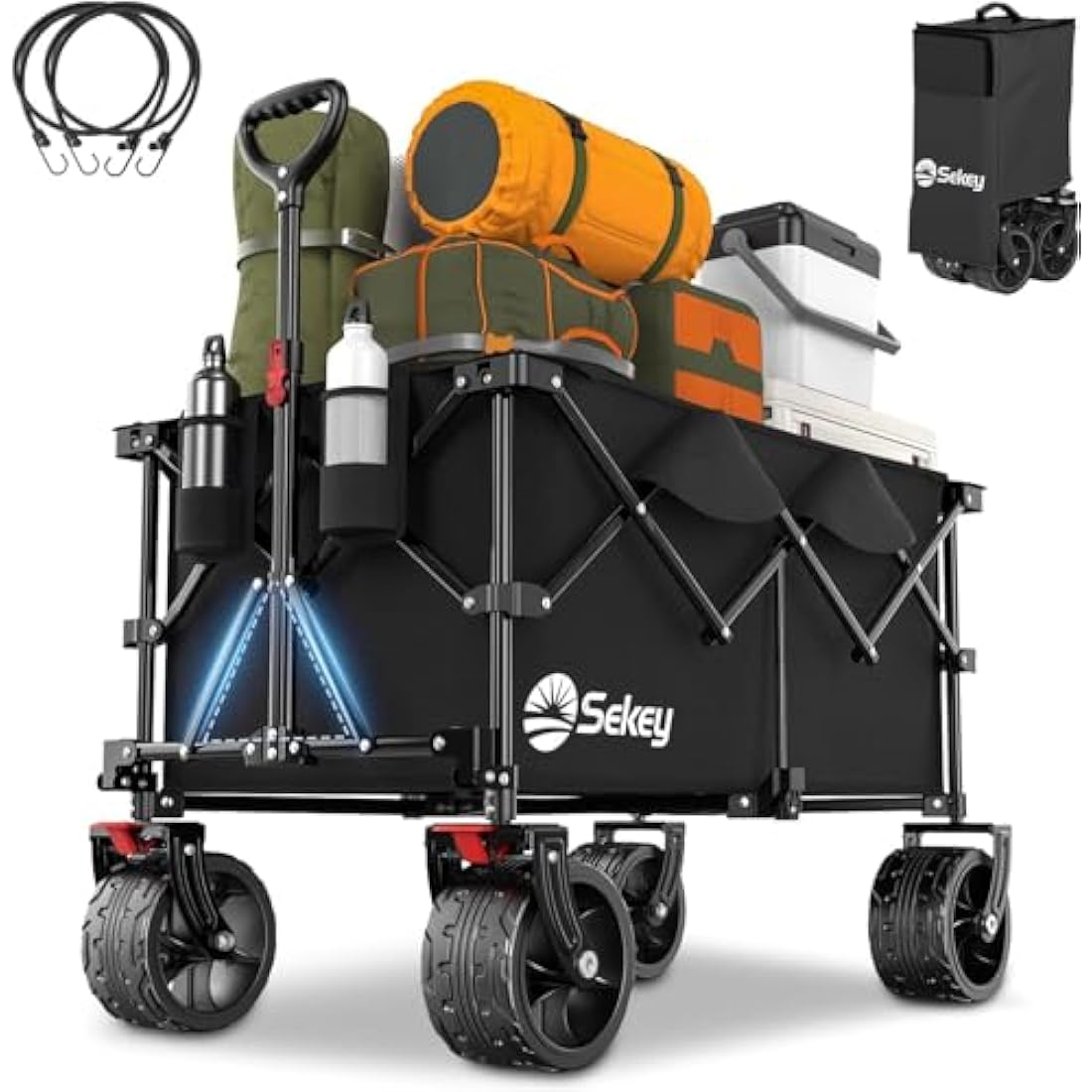Sekey 200L Folding Festival Trolley with All-Terrain Extra Wide Wheels and Brake, Heavy-Duty Cart Loadable up to 150KG, Patented Four-Directional Foldable Design, Wagon for Beach Camping Garden, Black