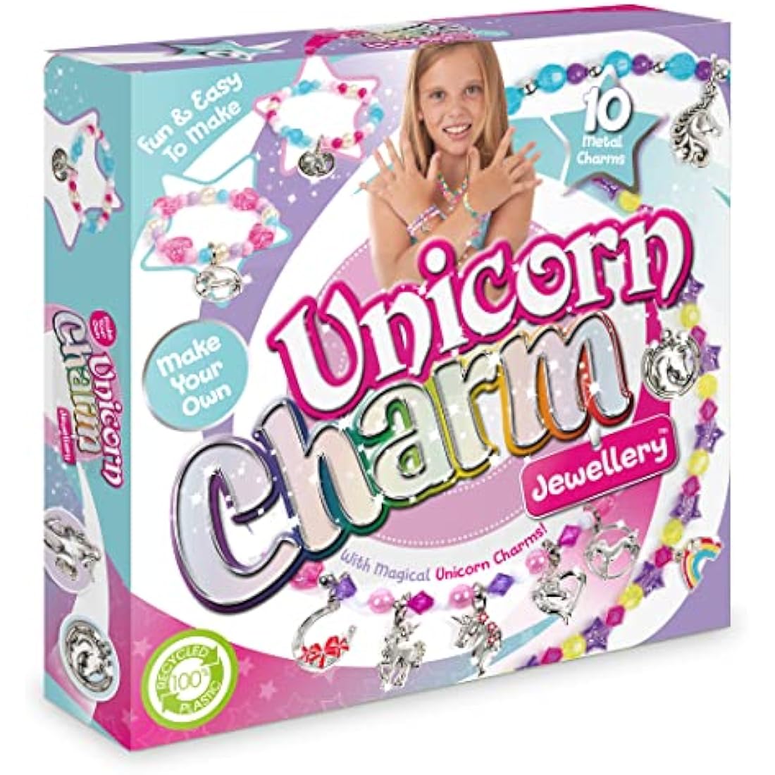 Unicorn Charm Jewellery | Create Beautiful Bracelets & Necklaces | Includes 10 Metal Charms And Over 300 Beads| Made With 100% Recycled Plastic | For Ages 4+