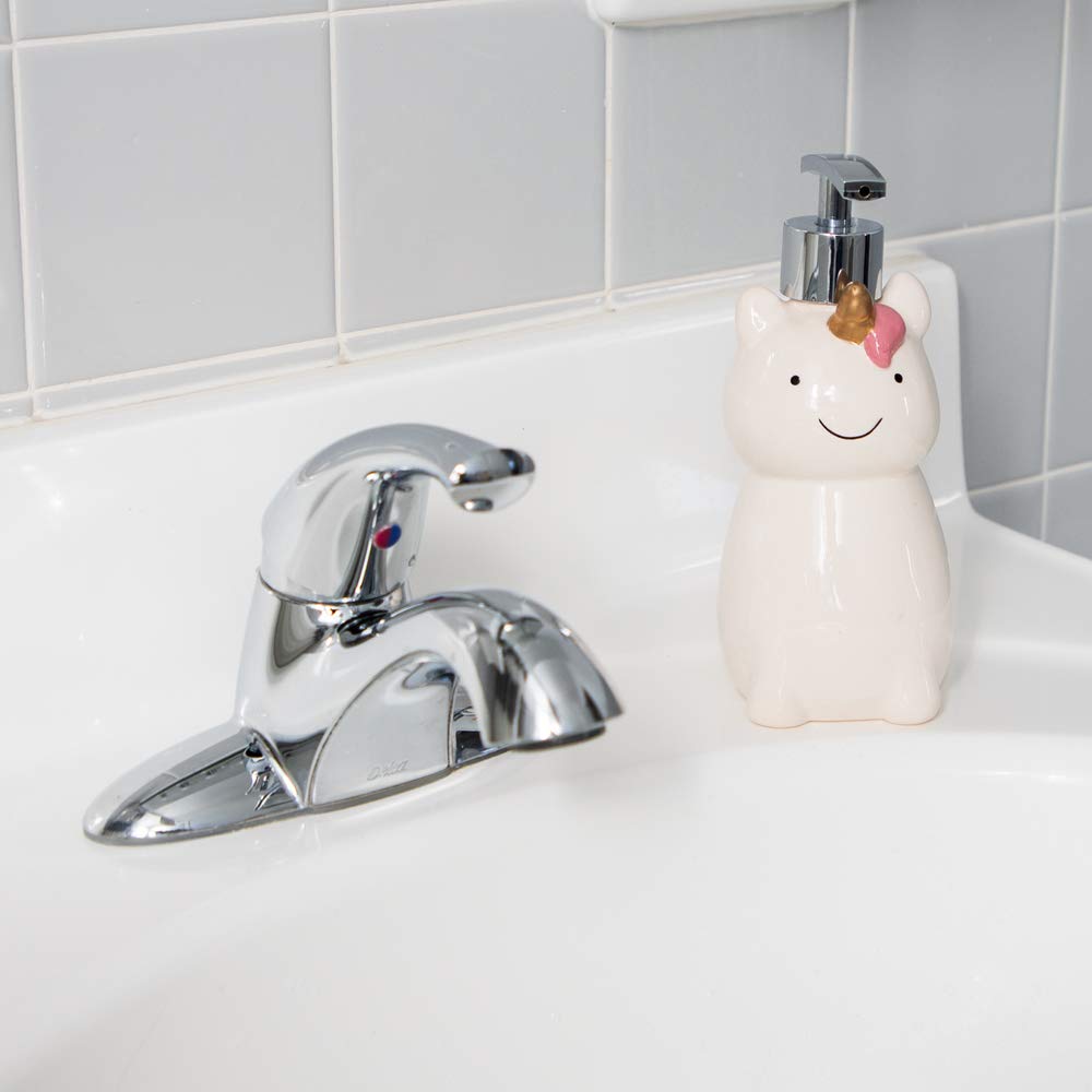 Isaac Jacobs White Ceramic Unicorn, Liquid Soap Pump/Lotion Dispenser with Chrome Metal Pump (Holds Up to 12 Oz) – Great for Bathroom