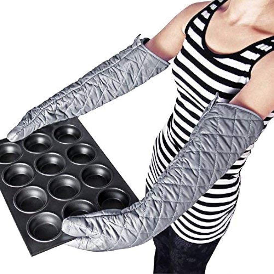 Linwnil New 1 Pair Heat Resistant Oven Gloves New Cotton Oven Mitts Kitchen Gloves High Temperature Cooking Tool BBQ Gloves (23Inch)