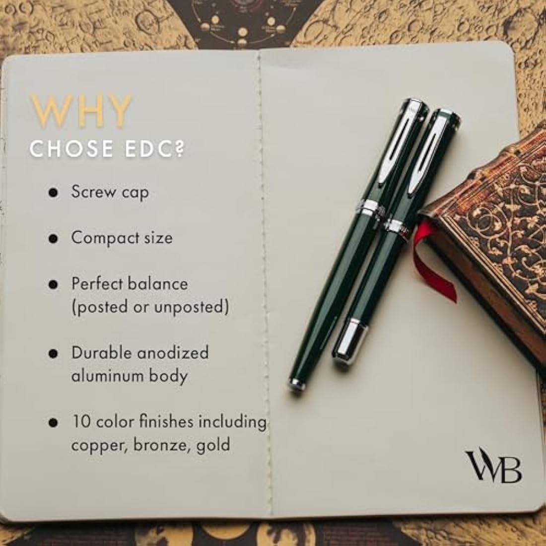 Wordsworth and Black Fountain Pen Mini EDC: Luxury Green Heavy Pocket Pen, Chrome Finish, Medium Nib, 6 Ink Cartridges, Ink Converter, Travel Refillable Writing Pen Gift Set, Men & Women