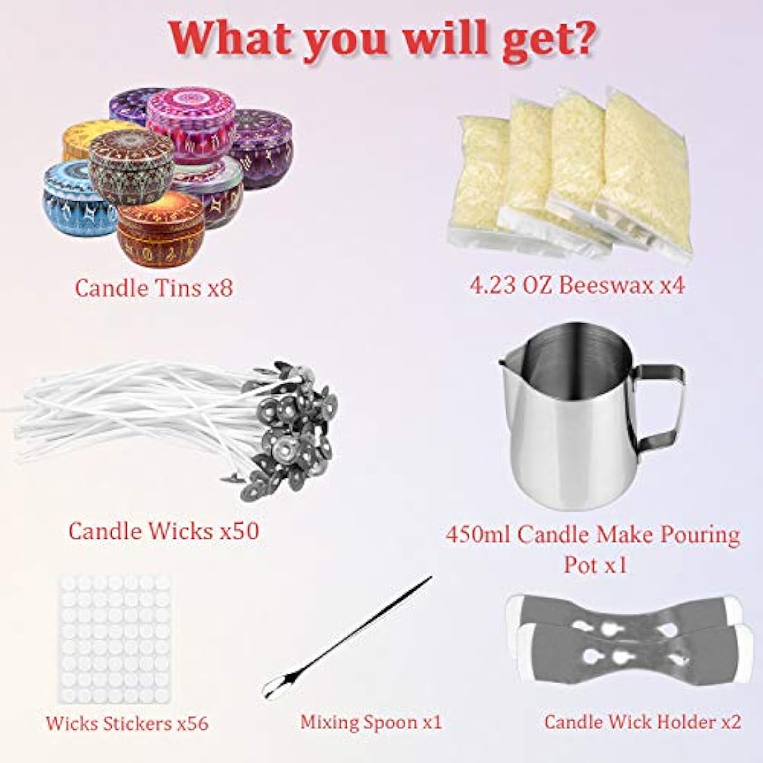 Candle Making Kit, DIY Candle Making Kits Include 50 Candle Wicks, 56 Wicks Sticker, 8 Candle Tins,1 Candle Make Pouring Pot, 4 Pack Candle Wax