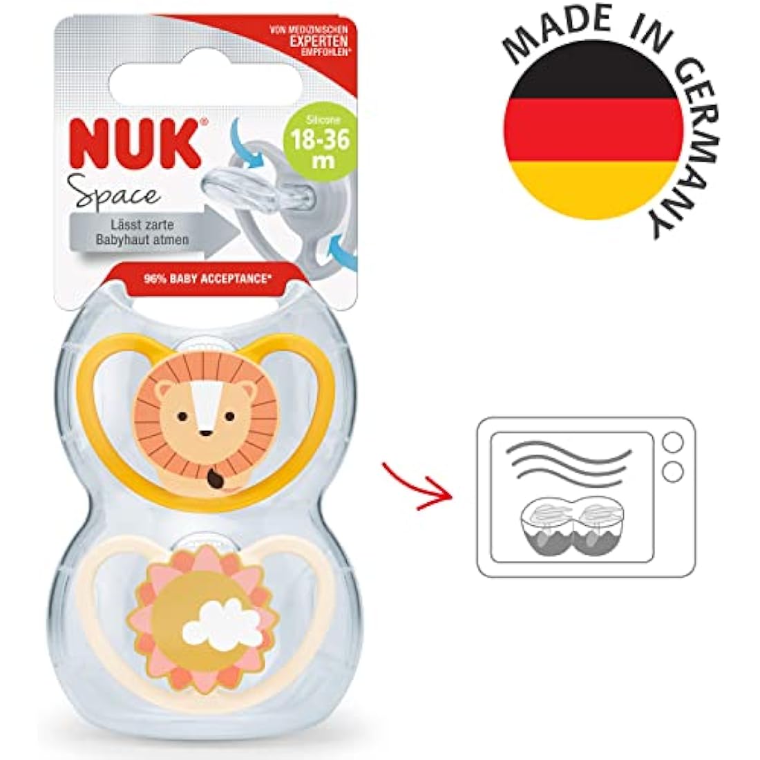 NUK Space Baby Dummy | 18-36 Months | Soothers with Extra Ventilation for Sensitive Skin | BPA-Free Silicone | Lion & Sun | 2 Count