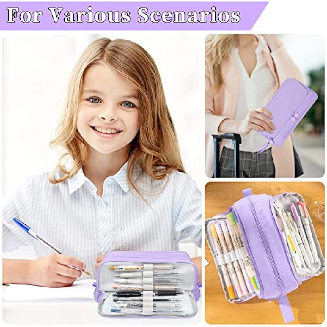 Tesmien Pencil Case, Large Pencil Case with 4 Compartments Stationery Organizer for Boys and Girls, Aesthetic Pencil Bag Suitable for Kids Teenagers Students Women Men, Purple