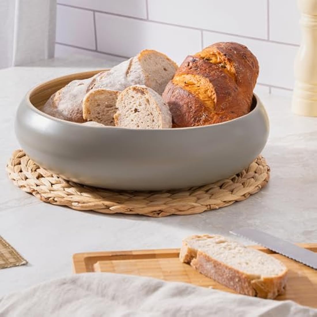 Dehaus® Large Stylish Bamboo Fruit Bowl - 30cm, Grey - Wooden Salad Serving Bowl - Fruit Basket for Kitchen or Bread Basket - Table Centrepiece Decoration - Home & Kitchen Tableware Accessories