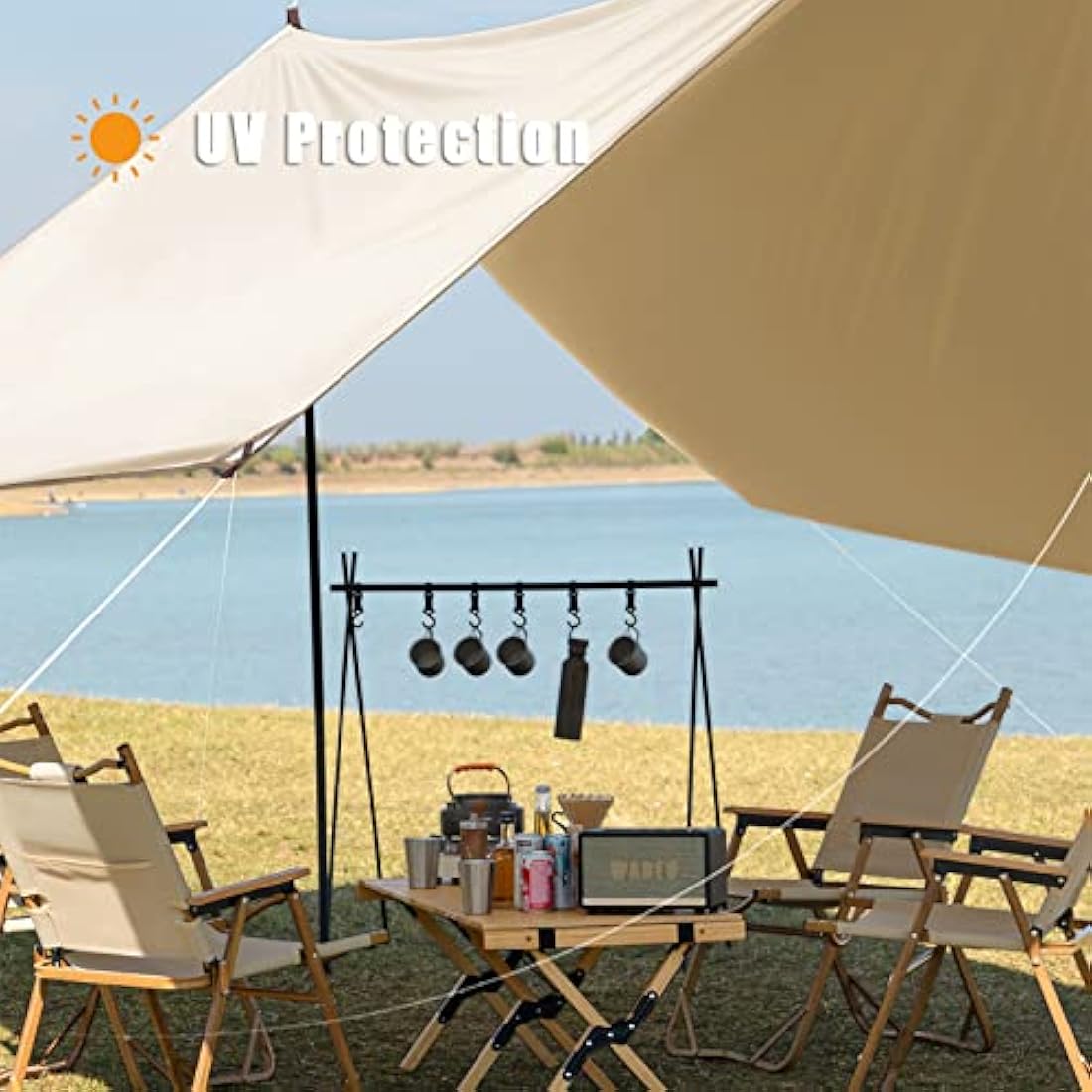 WADEO 3x3.6M/10×12FT Camping Tarp, Waterproof Heavy-Duty Tarp Shelter with Adjustable Poles, UV Protection, Sun & Rain Cover, Hammock Tent for Camping, Beach, Festival