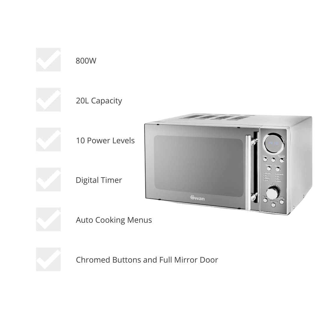Swan SM3080LN with Glass Turntable, 10 Power Levels, Mirrored Door, 20L, 800W, Silver