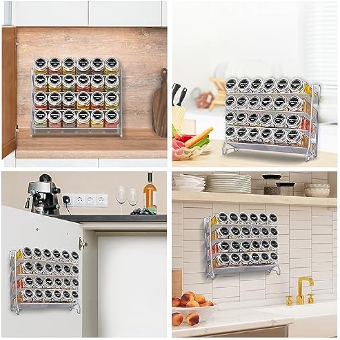 Mutool 4 Tier Spice rack Free standing Metal Kitchen Shelf,Plastic Spice Bottle Jars Storage Tidy Condiment holder for Countertop Cabinet, with 24 Spice jars,80 labels,1 pen,1 funnel(Silver grey)