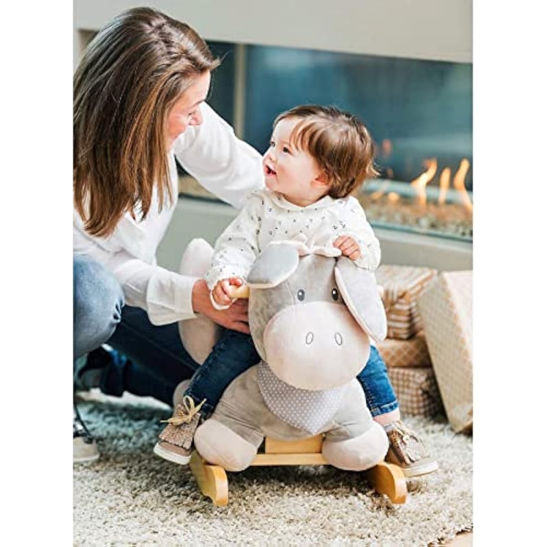 Nattou Wooden Rocking Animal Toy, Fully Padded Seat, Side Supports, Safety Belt, Handles For Small Hands, PETA-Approved Vegan, 100 Percent Super Soft Polyester, 10-36 Months, Donkey Cappuccino