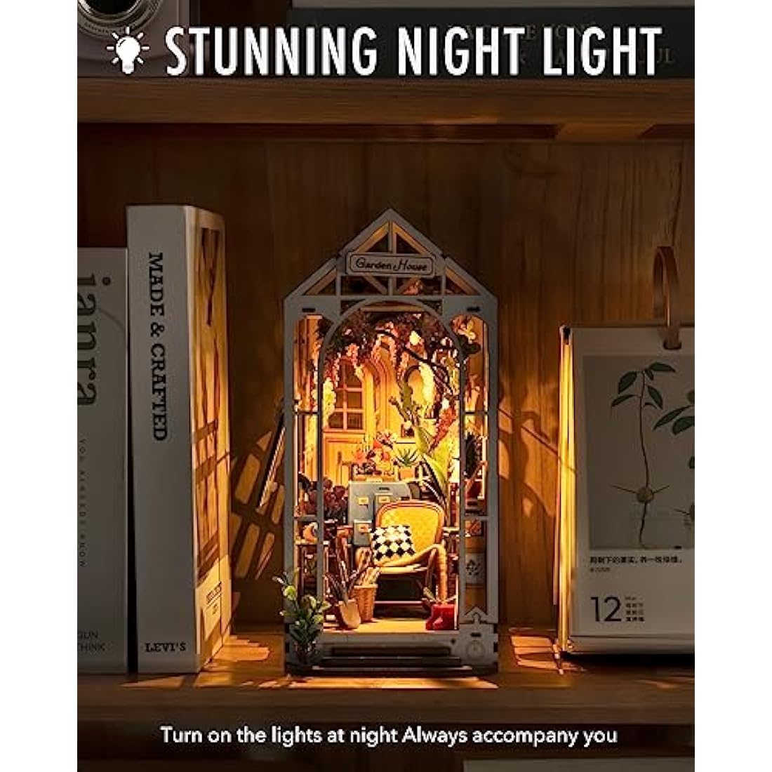 Rolife Book Nook Kits for Adults Gardenhouse DIY Miniature House Kit 3D Puzzles Bookends Bookshelf Decoration Christmas Birthday Gifts for Girls Women LED Lights