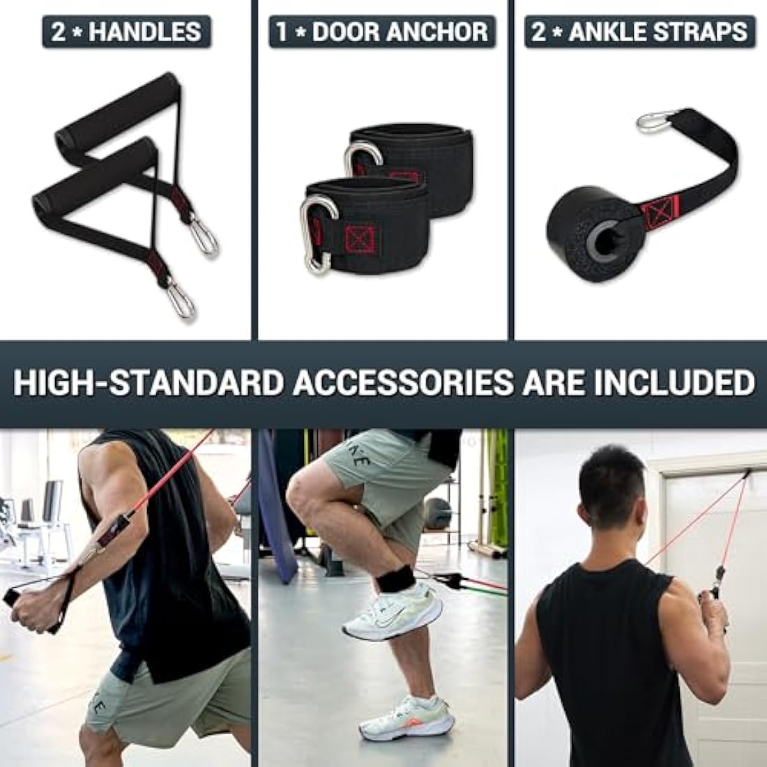 TheFitLife Exercise Resistance Bands with Handles - 5 Fitness Workout Bands Stackable up to 110/150/200/250/300 lbs, Training Tubes with Large Handles, Ankle Straps, Door Anchor, Carry Bag