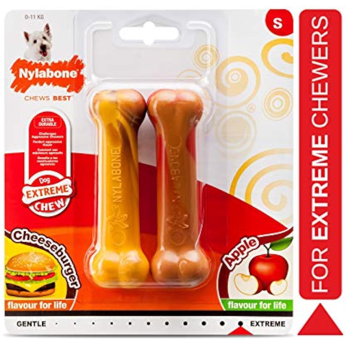 Nylabone Extreme Tough Dog Chew Toy Bones, Cheeseburger & Apple Flavour, 2-piece, Small, For Dogs Up To 11 kg