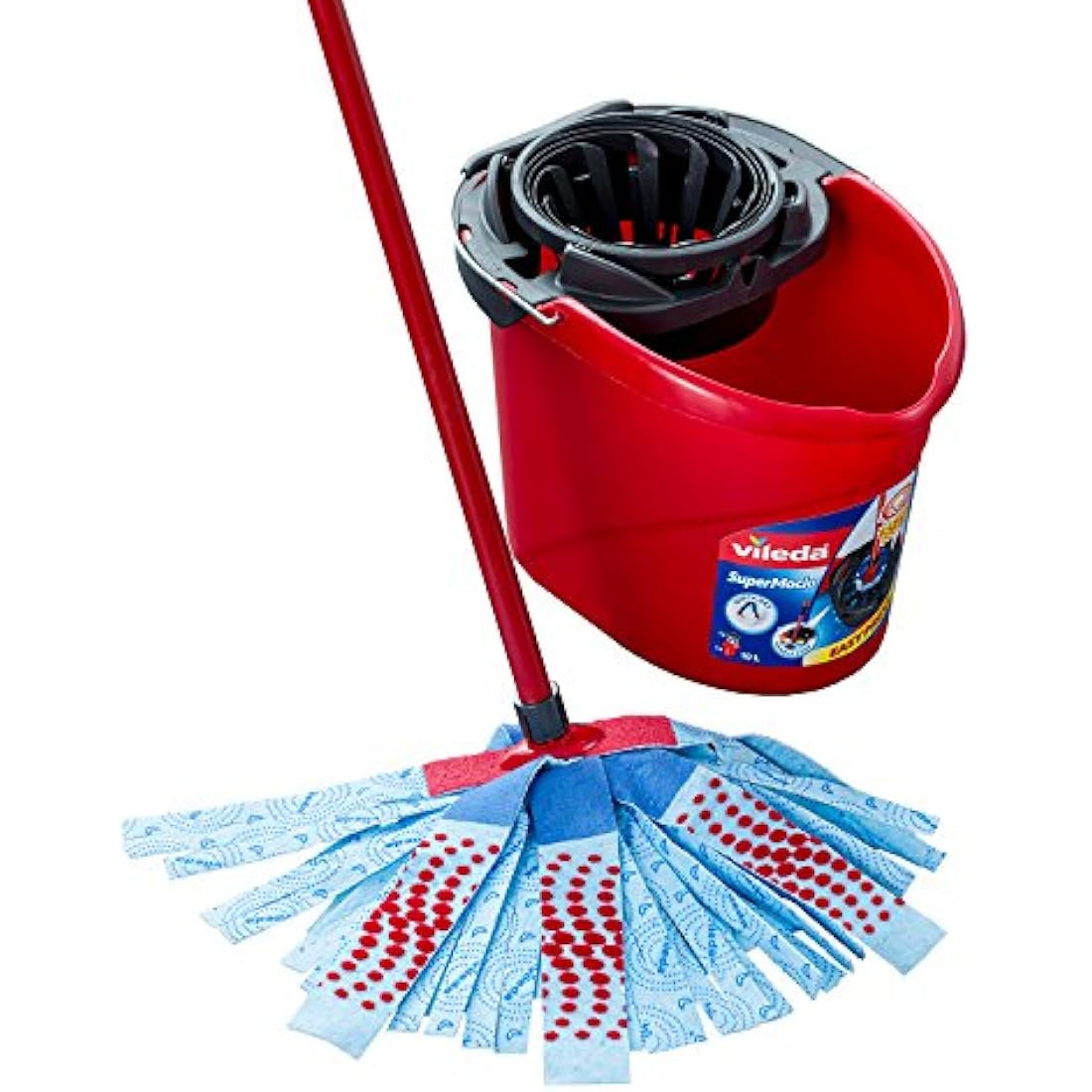 Vileda SuperMocio 3Action Mop and Bucket Set, Mop for Cleaning Floors, Set of 1x Mop and 1x Bucket, Red/Grey/Blue