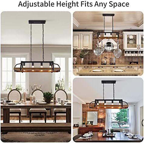 WUZUPS 4-Light Metal Pot Hanging Rack Chandelier Imitation Wood Grain Linear Pendant Ceiling Lighting Rustic Farmhouse Fixture Kitchen Island Dining Room, H25 x L88 x W30, E27 Base, Black