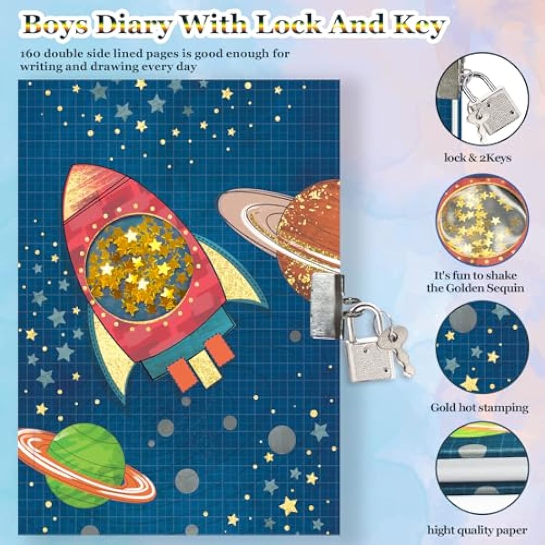 GINMLYDA Secret Diary with Lock for Boys, 7x5.25 Inches 160 Lined Pages Shakable Sequin Boy Diary Spacecraft Journal for Kids Notebook Boys Gifts for Birthday Presents Toys 5 6 7 8 9 10 Year Old