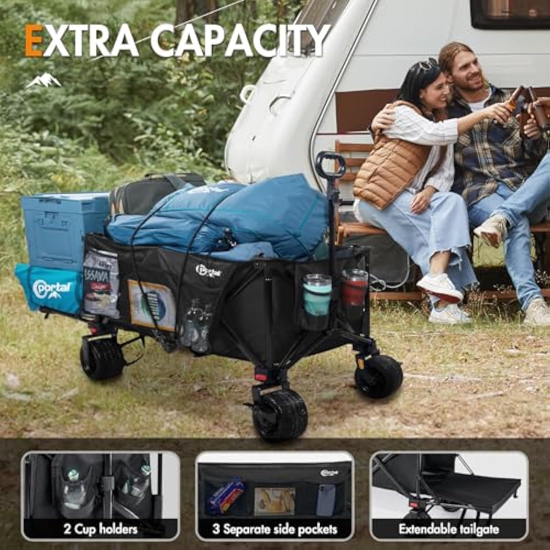 Portal Festival Trolley with Adjustable Tailgate Brakes 300L Beach Trolley for Sand with Wide Wheels Camping Cart Heavy Duty Folding Wagon Collapsible Trailer Buggy for Garden Event
