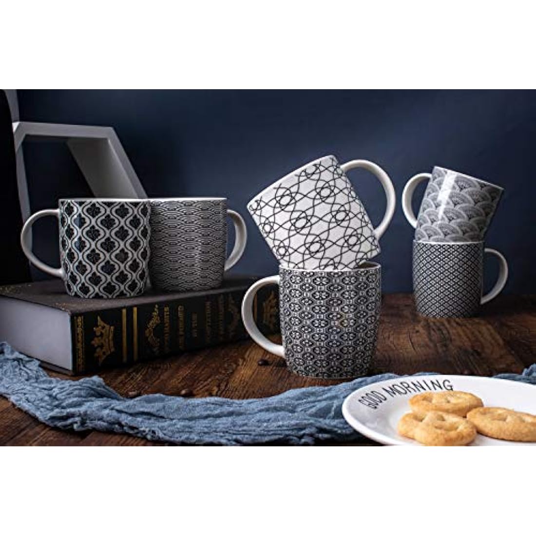 MACHUMA Set of 6 Coffee Mugs 340 ML/11.5 oz with Black and White Geometric Patterns, Ceramic Tea Cup Set 6 Pack
