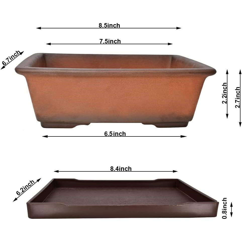MUZHI Decorative Ceramic Bonsai Planter Pot 8.5 Inch with Tray, Breathable Unglazed Rectangle Terracotta Clay Pot for Tree Succulent Cactus Indoor