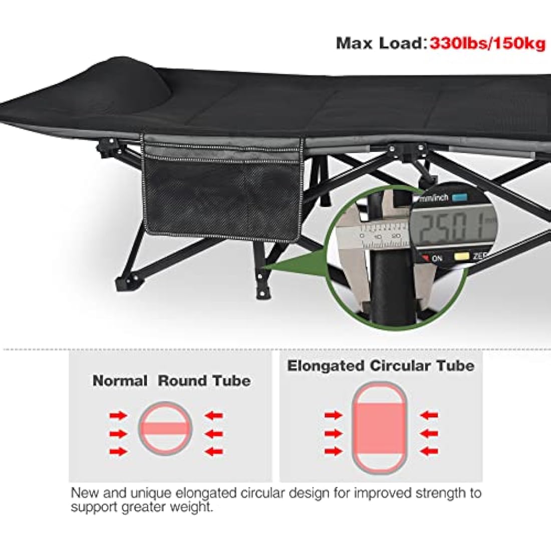 REDCAMP XXL Oversized Camp Bed for adults 500lbs with Cushion and Pillow,29.5" Extra Wide Heavy Duty Sturdy Folding Camping Bed Portable, Stronge Thicker Tubes Sleeping Cot Outdoor Travel Office