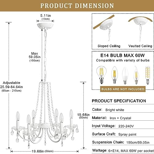 ASHUAQI Crystal Chandelier, 6 Lights Chandeliers Ceiling Light, Modern Chandelier White, E14 Base Pendant Light, Crystal Ceiling Lights for Living Room, Dining Room, Bedroom, Hallway, Kitchen