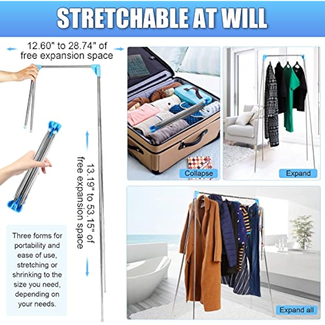 Portable Travel Garment Rack, 13-28inch Retractable Clothes Drying Rack, Collapsible Floor Stand Clothes Hanger, Clothes Rack for Home Laundry Camping Travel Outdoor