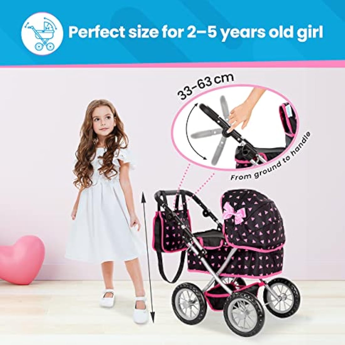 Kinderplay Dolls Pram | Toy Pram | Baby Doll Pram - Toy Pushchair | Dolls Buggy | Dolls Pushchair | Doll Stroller with Adjustable Handle (33-63 cm), model KP0261R
