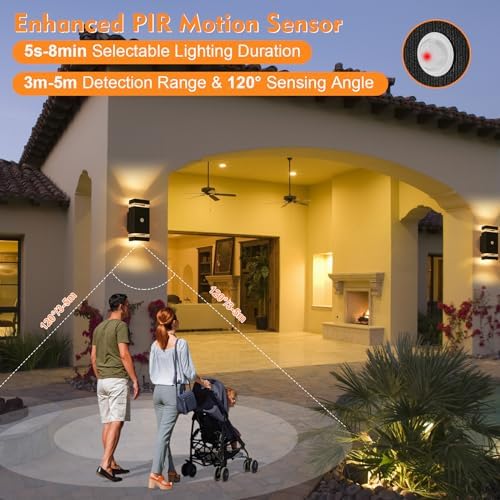 LMP Up Down Outdoor Wall Lights PIR, Motion Sensor Outside Lights Mains Powered, IP65 Square Porch Front Door Light Electric, External Modern GU10 LED Lighting Exterior Lamp Sconce for House, Black