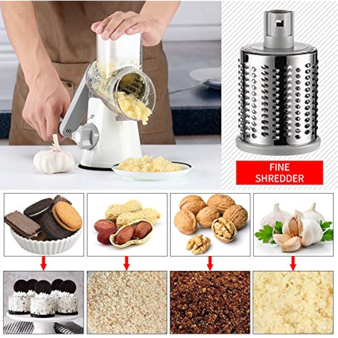 Ourokhome Cheese Grater Rotary Shredder, Kitchen Speed Mandolin Slicer Hand Crank Grinder with 3 Interchangeable Blades and Handle for Cheese, Vegetable, Walnut, Chocolate, Potato, Carrot, White