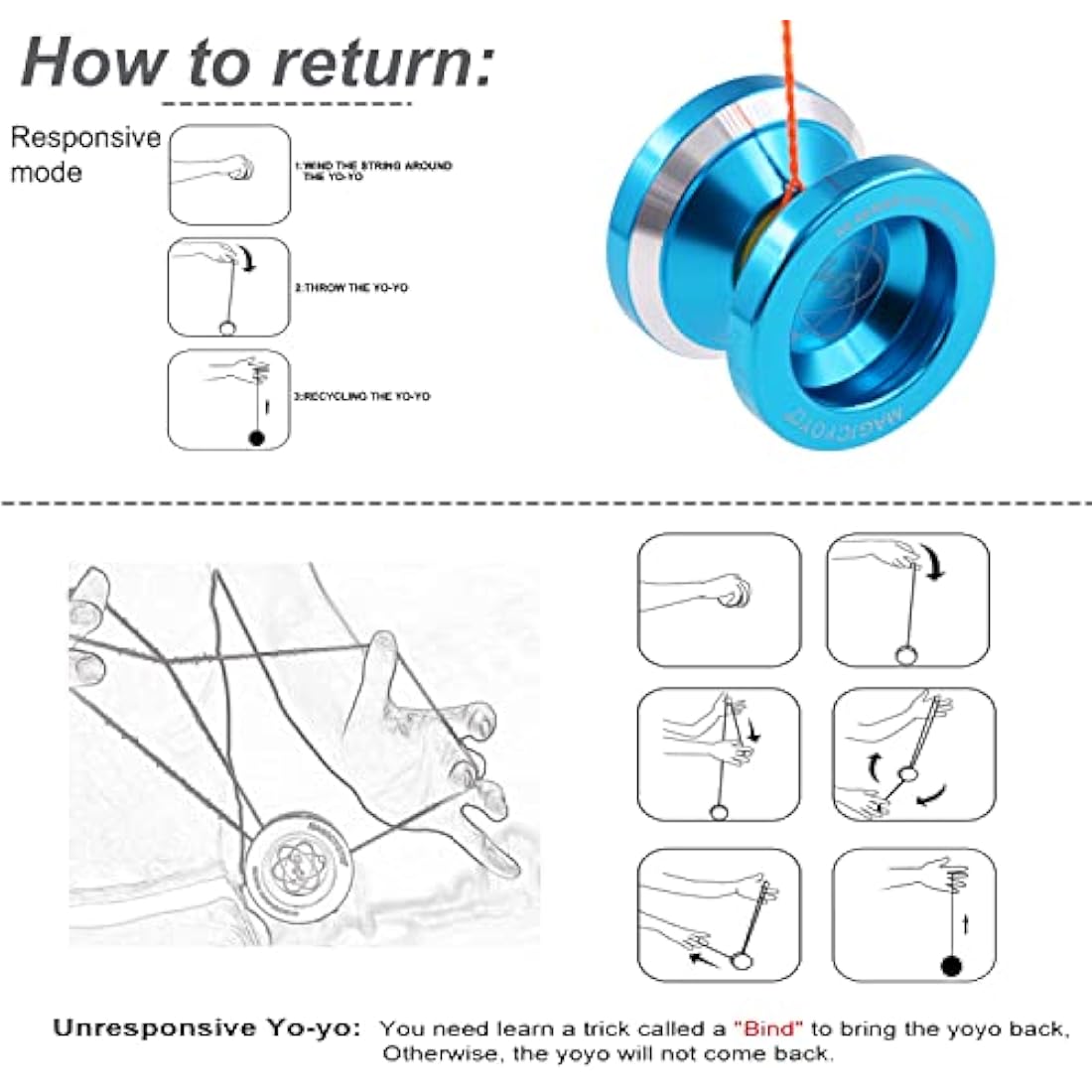 MAGICYOYO N8 Yoyos Pro Responsive Yoyo & Unresponsive Yo-yo for Kids Teens Adults, Beginners to Advanced Yo-yos, Yo Yo Metal with Unresponsive Bearing+12 Yo-Yos Strings+ Remover+ Glove+ Bag, Blue