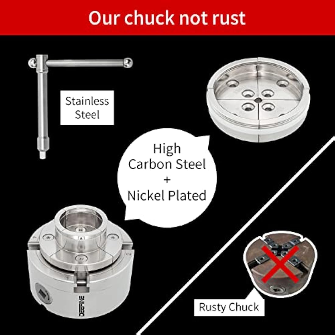DEEFIINE 4 Inch Wood Lathe Chuck Set 1" x 8 tpi Thread & 3/4" x16TPI Adapter, Nickel Plated Self Centering 4 Jaw Wood Turning Chuck Set (2PCS Jaws)
