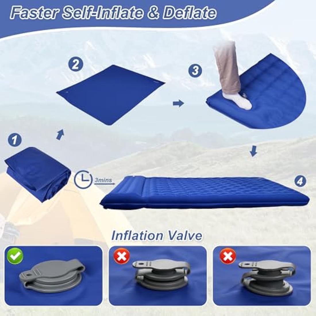 KASIMO Sleeping Mat - Ultralight & Thick Inflatable Camping Sleeping Pad Air Mattress Self-inflating Bed with Built-in Pump & Pillow Compact for Camping Backpacking Hiking Traveling