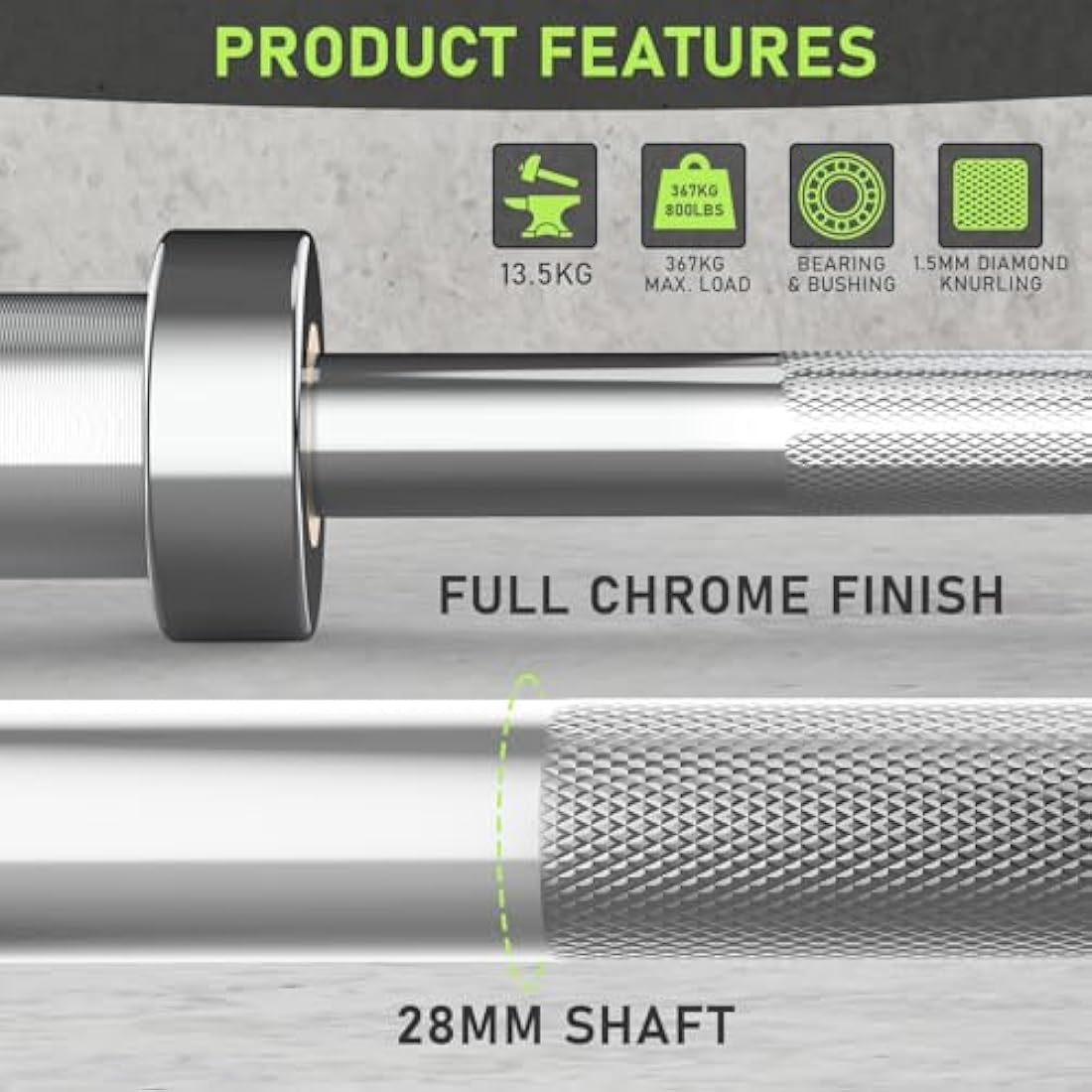 PhysKcal 4ft, 5ft, 6ft Barbell, Olympic EZ Curl Bar with Smooth Bushing & Bearing for 2'' Weight Plates, International Barbells for Press, Squat, Deadlift and Multiple Purposes