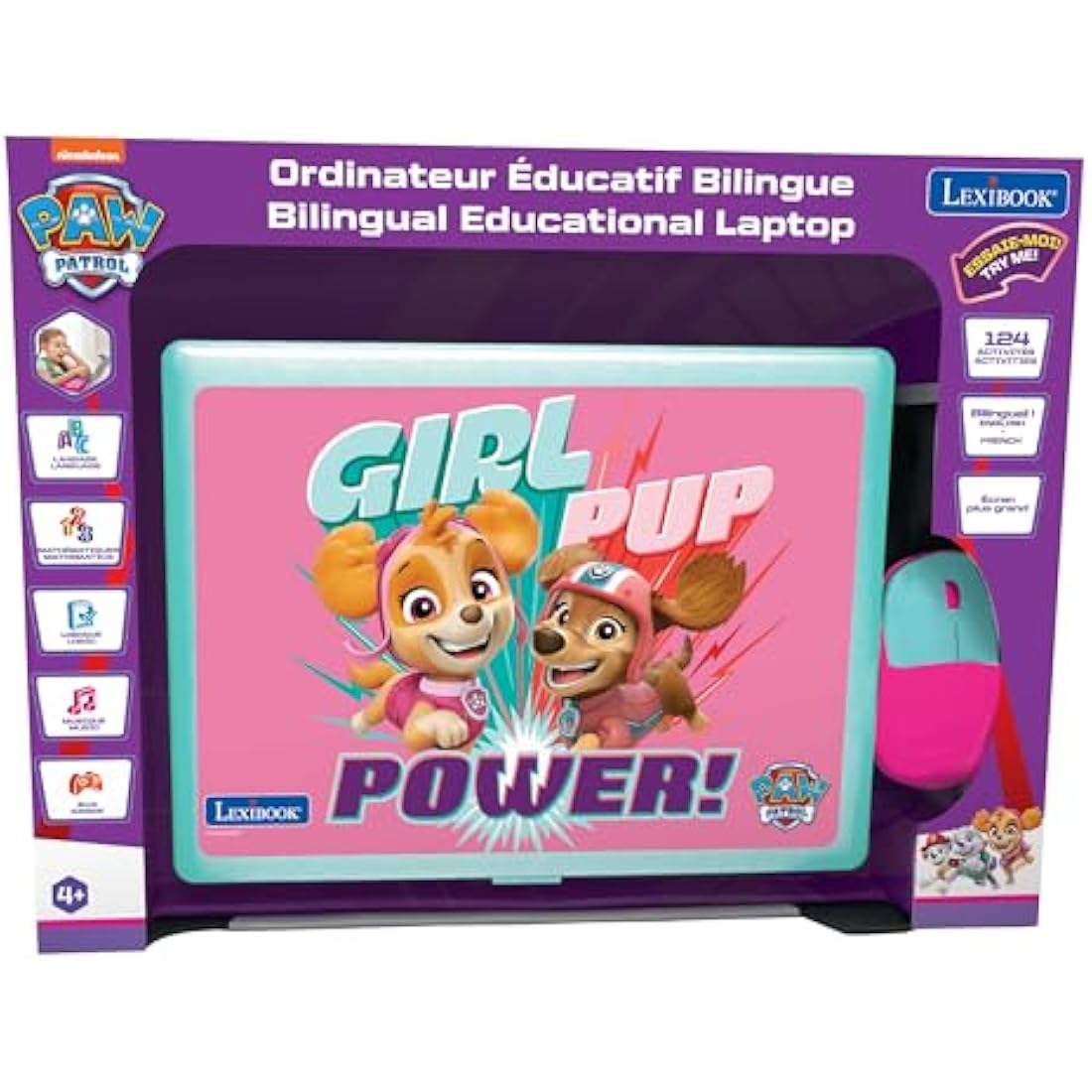 LEXIBOOK, Paw Patrol, Educational and Bilingual Laptop in English/French, Toy for children with 124 activities to learn, play games and music, Pink, JC598PAGi1