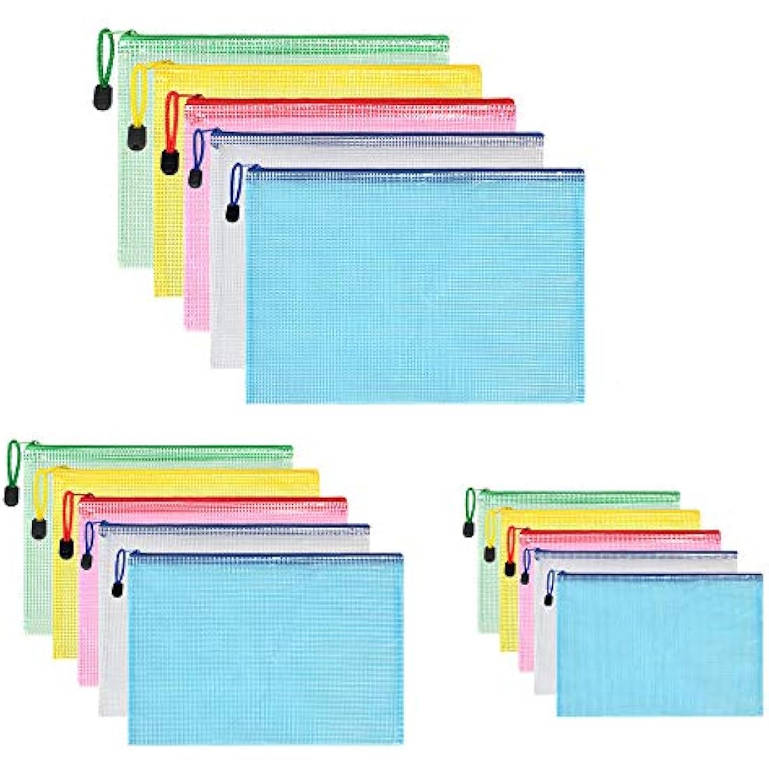 Vicloon Plastic Wallets, 15Pcs A3 A4 A5 Zip Lock Bags Mesh Document Wallet Document Folders Plastic Pockets Zipper File Wallet for School Office Homework Storage Bags