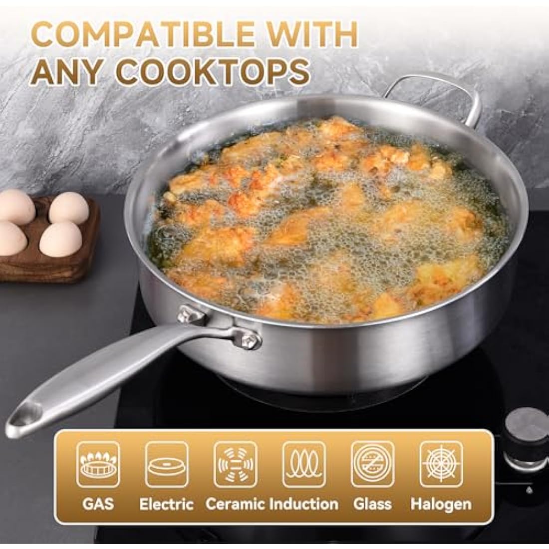 Inqibee 28 CM Tri-Ply Stainless Steel Sauté Pan with Lid,Induction Deep Frying Pan,Detachable Ergonomic Handle and Oven Safe