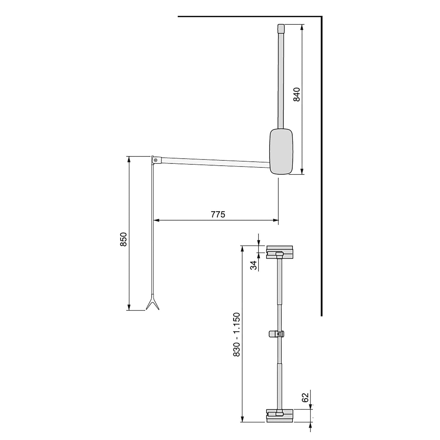 Emuca - Pull down hanging rail for wardrobe, pull down wardrobe rail lift, adjustable width 830-1150mm, titanium colour