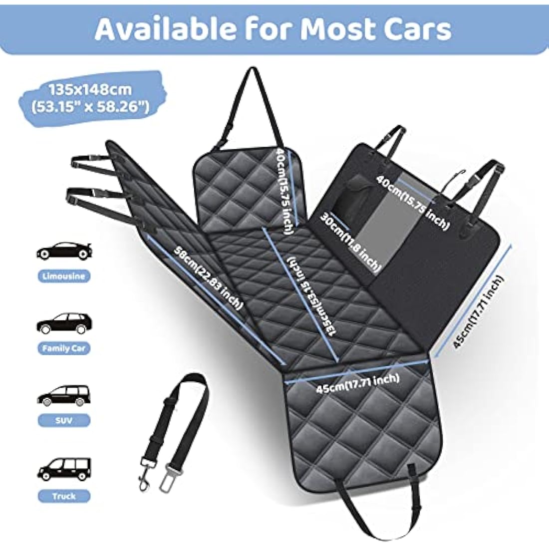 KYG Dog Seat Cover Dog Hammock For Car Back Seats With Side Protection And Mesh Visual Window, Durable Scratch Proof And Waterproof Pet Car Seat Cover For Cars/Trucks/Suv 135 X 148 Cm All Black