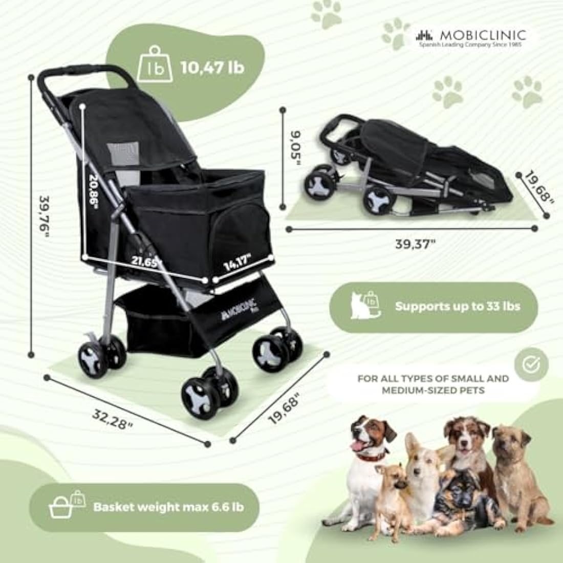 Mobiclinic® Pets Foldable Dog Pram, Up to 15 kg, Ideal for Small Dogs, Pet Stroller, Zuma, Wheels with 360° Brakes, XXL Basket, 3 Windows with Zip and Mosquito Net, Cup Holder (Black)