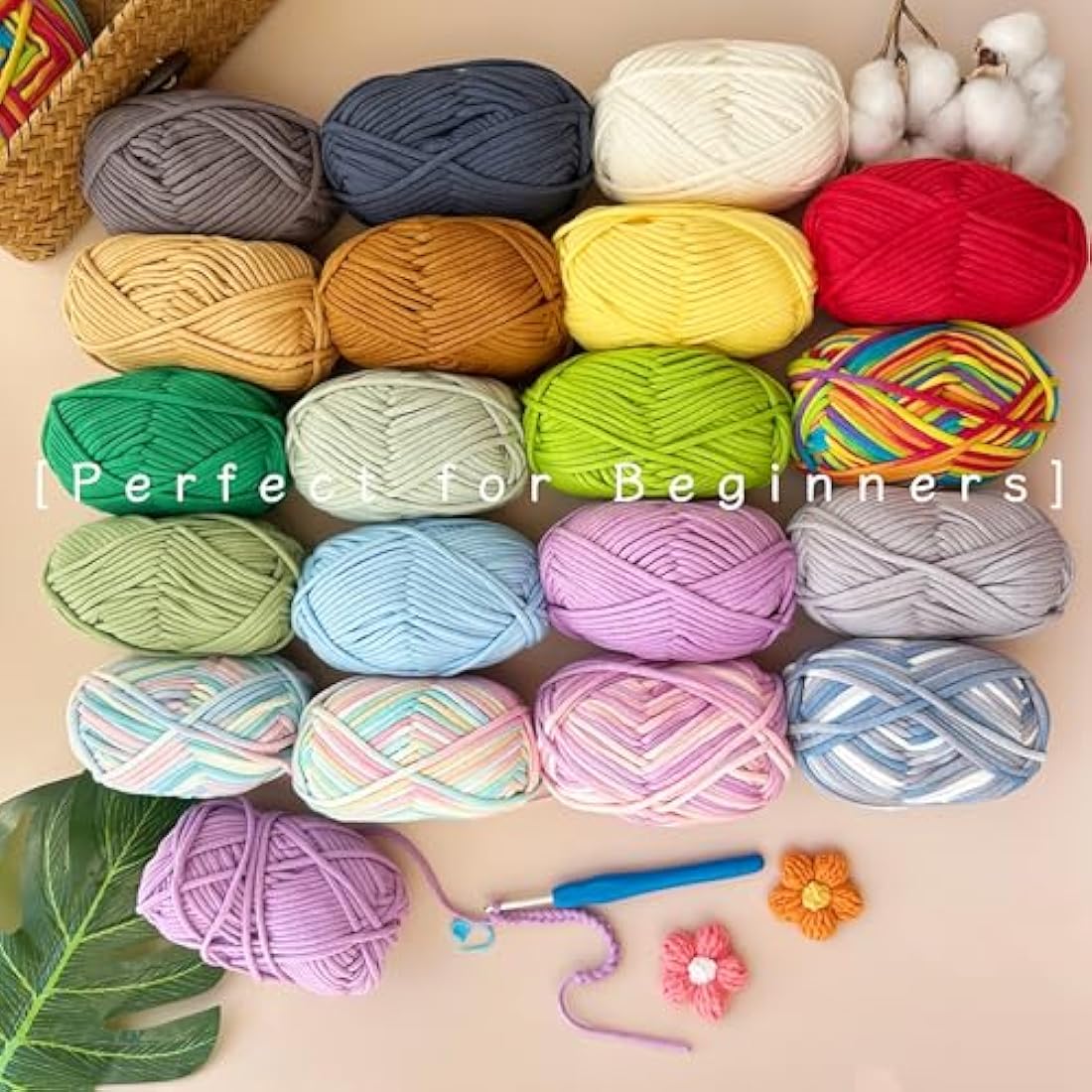 Chunky Cotton Yarn for Crochet, 12x50g Thick Wool for Amigurumi, Easy Crochet Starter Kit with 4mm Hook, Green