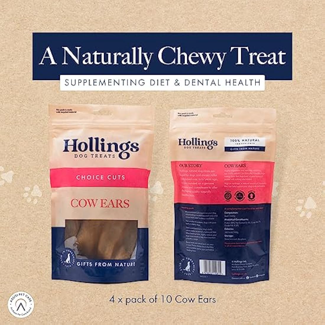 Hollings Cow Ears Dog Treats, 100% Natural & Nutritious Long Lasting Chew Treats for Adult Dogs, Grain Free & High in Protein (Pack of 40)