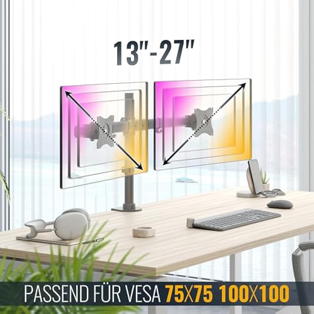 RICOO Dual Monitor Stand Tilt TS7811 Swivel 13-27 Inch VESA 75x75 100x100 Double Arm Mounting System LED LCD Screen Desk Mount Black
