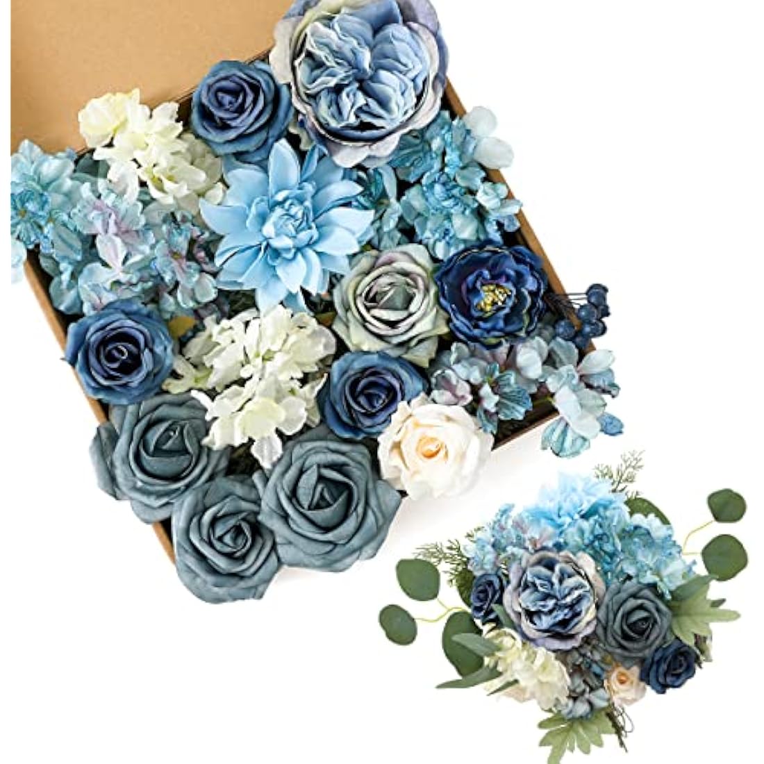 Kisflower Artificial Flowers Dusty Blue Silk Artificial Roes Combo Peony Flower for DIY Wedding Bridal Bouquet Party Home Decorations (Dusty Blue)