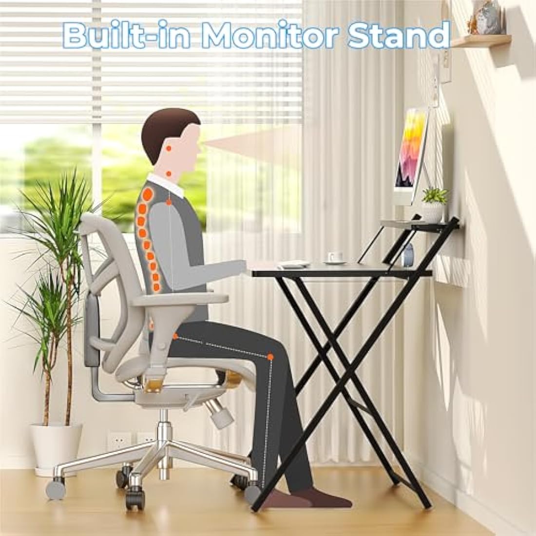 GreenForest Foldable Desk No Assembly Required,Small Desk with Monitor Shelf,Computer Desk for Small Space,Black