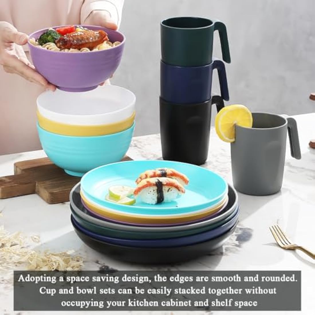 Kyraton Plastic Dinnerware Sets of 32 Pieces Service for 8, Unbreakable and Reusable Light Weight Plates Mugs Bowls Dishes Easy to Carry and Clean Microwave Safe BPA Free Dishwasher Safe