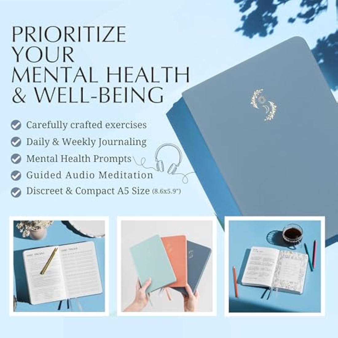 LIFTINSPIRE CO. FINDING BALANCE Mental Health Journal – 6-Month Daily Journal with Prompts for Mindfulness, Self-Care & Healing – Anxiety & Depression Relief – Blue Hardcover