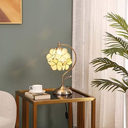 Bieye L30754 Tiffany Style Stained Glass Flower Petal Table Lamp with Brass Base for Home Décor (Cream, 8" Cherry Blossom)