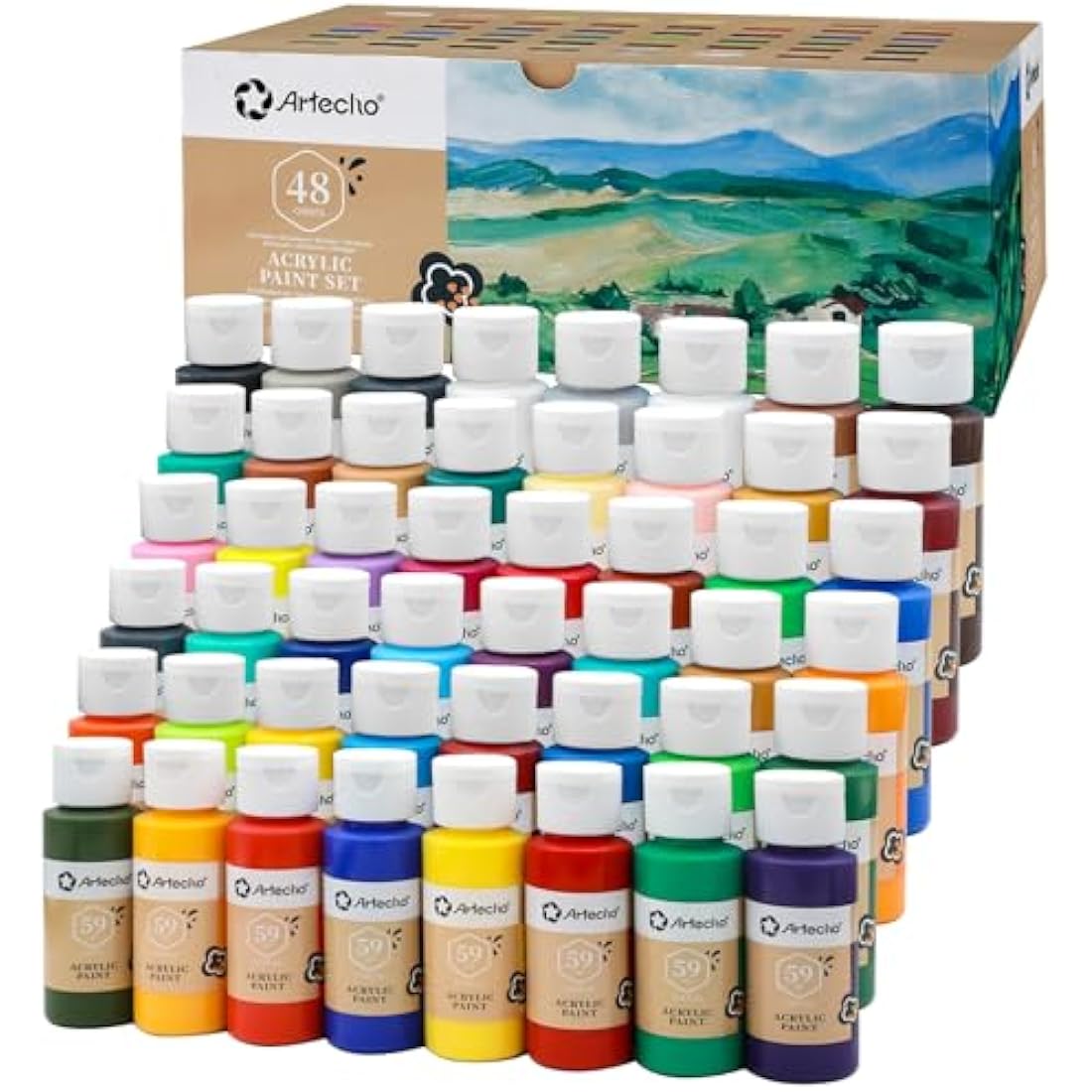 Artecho Acrylic Paint Set - 48 Colors, 2 Oz/59ml Basic Acrylic Paint Supplies for Wood, Fabric, Crafts, Canvas, Leather & Stone