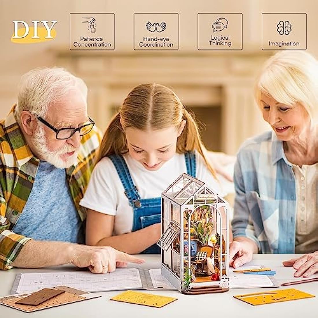 ROBOTIME Book Nook Kit Gardenhouse with LED Lights, DIY Miniature Dolls House Kit 3D Wooden Puzzle Bookend Booknook Book Shelf Decoration Gift