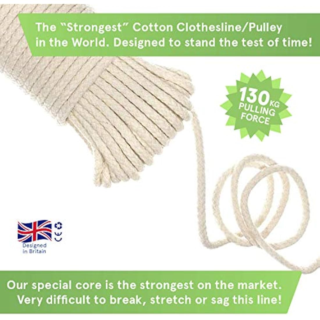 “The Strongest” Natural Cotton Clothesline Pulley by Smith’s® | 30m/99ft X 5.5mm | Soft Braided 130kgs Pulling Force Rope | Snag & Tear Resistant | 1 Year Guarantee!